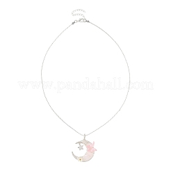 Natural Rose Quartz Wire Wrapped Moon with Acrylic Butterfly Pendant 304 Stainless Steel Ball Chain Necklaces&nbsp;NJEW-TA00266-04