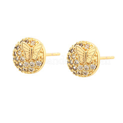 Flat Round with Butterfly Brass Micro Pave Clear Cubic Zirconia Stud Earrings&nbsp;EJEW-H162-02G