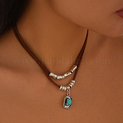1 Set Alloy Pave Synthetic Turquoise Pendant Double Layer Cord Necklaces&nbsp;NJEW-CL0001-09A