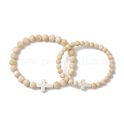 2Pcs Wood Beads Stretch Bracelets for Couple&nbsp;BJEW-JB11305-04