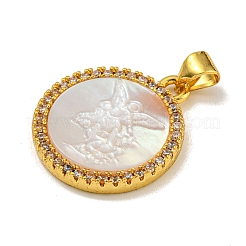 Rack Plating Brass Micro Pave Clear Cubic Zirconia Flat Round Pendants&nbsp;KK-U025-10G-02