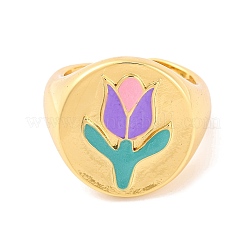 Round with Tulip Brass Enamel Open Cuff Rings&nbsp;RJEW-U009-05C-G