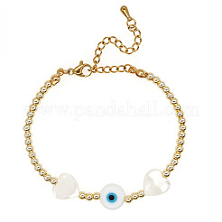 Summer Natural Shell Heart & Evil Eye & Brass Round Beaded Bracelets with Stainless Steel Chains&nbsp;NH4059