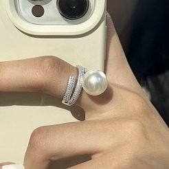 Adjustable Brass & Rhinestone and Imitation Pearl Cuff Rings&nbsp;FS-WGC0969-02