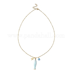 Brass Enamel Evil Eye & 304 Stainless Steel Fish Charms 304 Stainless Steel Chains Necklaces for Women&nbsp;NJEW-JN06382-01