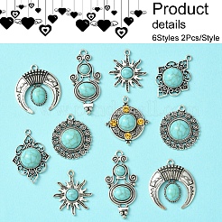 12Pcs 6 Styles Tibetan Style Alloy Pave Imitation Turquoise Pendants&nbsp;FIND-FS0002-81