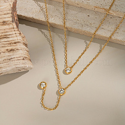 Elegant 304 Stainless Steel Pave Clear Cubic Zirconia Flat Round Pendant Double Layer Y Necklaces for Women&nbsp;FF1355