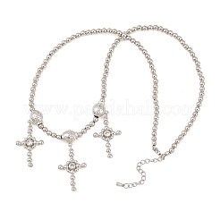 Brass Micro Pave Clear Cubic Zirconia Cross Pendant Round Beaded Bib Necklaces for Women&nbsp;NJEW-F364-04P