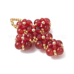 Natural Carnelian Round Beads & Glass Seed Beaded Cross Pendants&nbsp;PALLOY-MZ01151-01