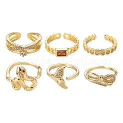6Pcs 6 Styles Adjustable Brass Micro Pave Clear Cubic Zirconia Cuff Rings&nbsp;RJEW-LS0001-21G