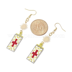 Rectangle with Cross Glass Seed Beads Dangle Earrings&nbsp;EJEW-MZ00412-02
