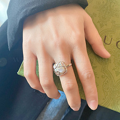 Square Rhodium Plated 925 Sterling Silver with Natural Baroque Freshwater Pearl Finger Rings for Women&nbsp;FS-WGEDC89-01