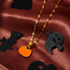 304 Stainless Steel Enamel Halloween Pumpkin Pendant Dapped Chain Necklaces&nbsp;DR6238