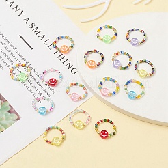 Glass Seed & Acrylic Smiling Face Beaded Stretch Ring&nbsp;RJEW-JR00575