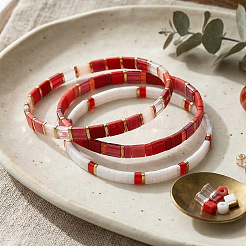 Handmade Red and White Glass Beaded Stretch Tile Bracelet Sets&nbsp;MA5695