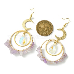 Brass Moon & Rings Dangle Earrings&nbsp;EJEW-TA00393