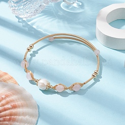 Natural Rose Quartz Round Beaded Cuff Bangle&nbsp;BJEW-JB10113-02