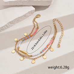 Plastic Round Beaded & Brass Shell Shape Link Teardrop Tassel Double Layer Anklets for Women&nbsp;BF4084