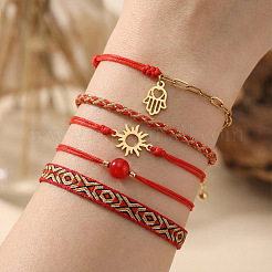 5Pcs 5 Styles Braided Nylon Thread Bracelet & 304 Stainless Steel Link & Charm Bracelets & Glass & Seed Bead Braided Bead Bracelet Set for Women&nbsp;KZ3324-6