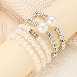 5Pcs 5 Styles Stylish CCB Plastic & Plastic Pearl & Rhinestone Beads Stretch Bracelets for Women&nbsp;WGF408F-01