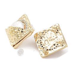 Rhombus Natural Pearl Stud Earrings with Brass Micro Pave Cubic Zirconia and 925 Sterling Silver Pins&nbsp;EJEW-P256-86G