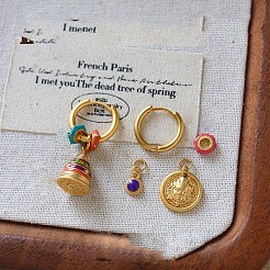 Brass Enamel Bell & Flat Round Hoop Dangle Earrings&nbsp;WG847A7-01