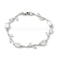 Brass Micro Pave Cubic Zirconia Oval & Leaf Link Chain Bracelets for Women&nbsp;BJEW-G764-05P-02