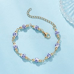 Round Flower Printed Porcelain Ceramic Beads Link Chain Bracelets for Women&nbsp;BJEW-JB12684-01