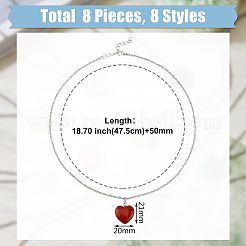 8Pcs 8 Styles Natural Mixed Gemstone Heart Pendant Necklace with Alloy Chains&nbsp;NJEW-FI0001-45