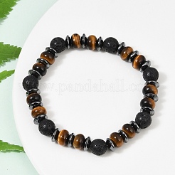 Tiger Eye with Hematite Partition and Lava Beaded Stretch Bracelets for Women Men&nbsp;BJEW-Q031-02A