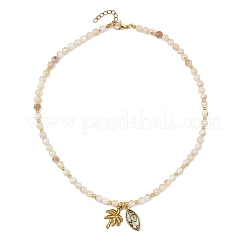 Ocean 304 Stainless Steel Coconut Tree and Brass Enamel Horse Eye Pendant AB Color Natural Freshwater Shell Round Beaded Necklaces&nbsp;NJEW-JN06320