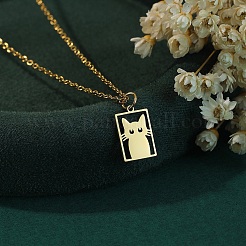 304 Stainless Steel Laser Cut Rectangle with Cat Shape Pendant Necklaces&nbsp;FS-WGDBF09-01