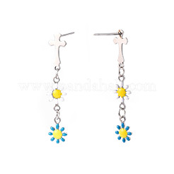 Cross with Flower Enamel Long Dangle Stud Earrings&nbsp;EJEW-N049-01A