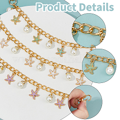 6Pcs 6 Colors Alloy Enamel Starfish & ABS Plastic Pearl Charm Aluminum Cable Chain Bag Decorative Chains&nbsp;HJEW-FH00203