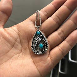 Alloy Resin Imitation Turquoise Teardrop with Feather Pendant Necklaces&nbsp;WG61DB0-01