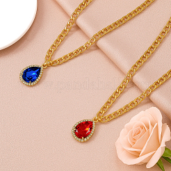 4Pcs 4 Colors Brass Rhinestone Teardrop Pendant Aluminum Chain Necklaces for Women&nbsp;NJEW-HY0001-33