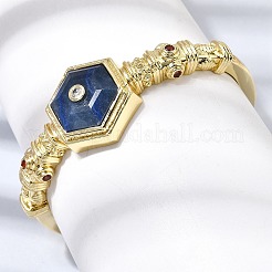 Hexagon Brass Pave Natural Lapis Lazuli & Cubic Zirconia Cuff Bangles for Women&nbsp;BJEW-Z172-01G-10