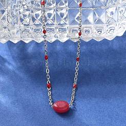 304 Stainless Steel Red Enamel Cable Chain Necklaces&nbsp;NJEW-A045-08P