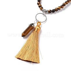 Natural Tibetan Agate Bullet & Tassel Pendant Necklace with Mixed Gemstone Beaded Chains&nbsp;NJEW-E585-02B