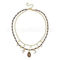 Natural Tiger Eye Oval Pendant Brass Cable Chain Double Layer Necklaces for Women&nbsp;NJEW-JN06196