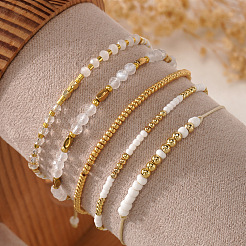 5Pcs Glass & Metal Gold & White Beaded Bracelet Sets&nbsp;AB9103-2