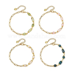 Natural Mixed Stone Round Column Beaded Chain Bracelets with 304 Stainless Steel Paperclip Chains&nbsp;BJEW-JB14298