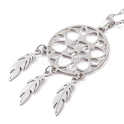 Non-Tarnish Woven Net/Web with Feather 201 Stainless Steel Boho Pendant Necklaces for Women&nbsp;NJEW-G087-07P