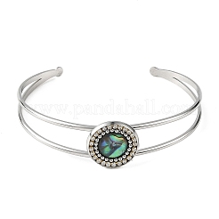Natural Paua Shell Flat Round 304 Stainless Steel Open Cuff Bangles&nbsp;BJEW-JB14372-02