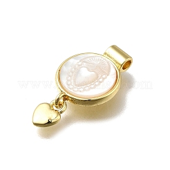 Brass Pave Natural White Shell Flat Round with Heart Pendants&nbsp;KK-C090-37G-05