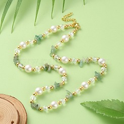 Mixed Gemstone/Glass/Shell Chip & Imitation Pearl & Brass Beaded Necklaces for Women&nbsp;NJEW-S107-01A