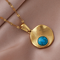 Vintage Style 304 Stainless Steel and Synthetic Turquoise Textured Disc Pendant Necklaces for Women&nbsp;LS-JC9668