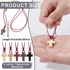 60Pcs 5 Colors Wood Cross Pendant Waxed Polyester Cord Necklaces&nbsp;NJEW-NB00011