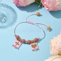 Natural Lava Rock & Natural Rose Quartz & Glass Seed Beaded Braided Bracelets&nbsp;BJEW-MZ00063-02