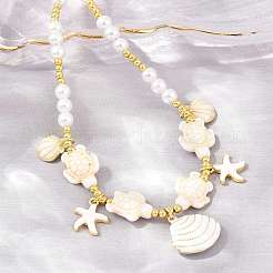 Ocean Brass Enamel Starfish Shell Shape Pendant Round ABS Imitation Pearl Beaded Necklaces&nbsp;KK-CBA4547-04D-G